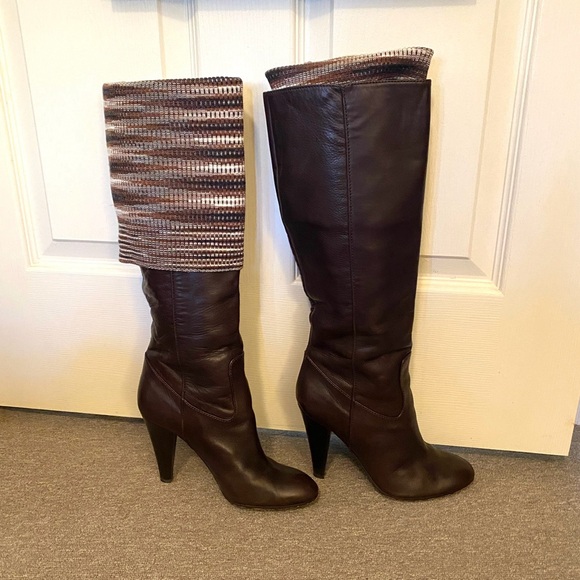 Missoni Brown Leather Boots Knit Striped Block Heel Knee High w/box 8.5 EU 38.5 - Picture 4 of 15